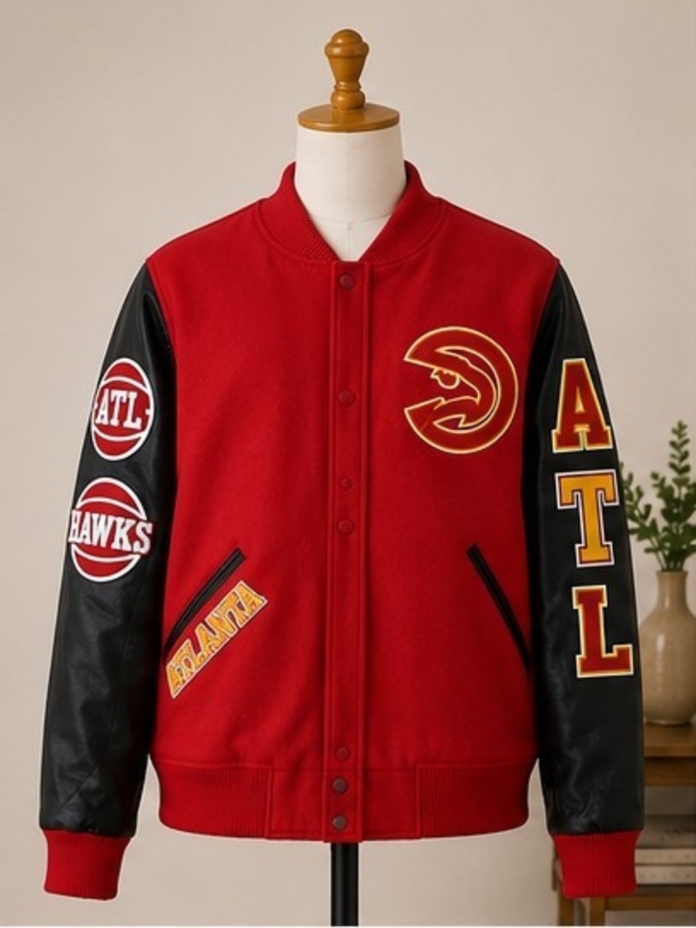 Pro Standard Atlanta Hawks Luxury Varsity Jacket | Red & Black | Size Medium